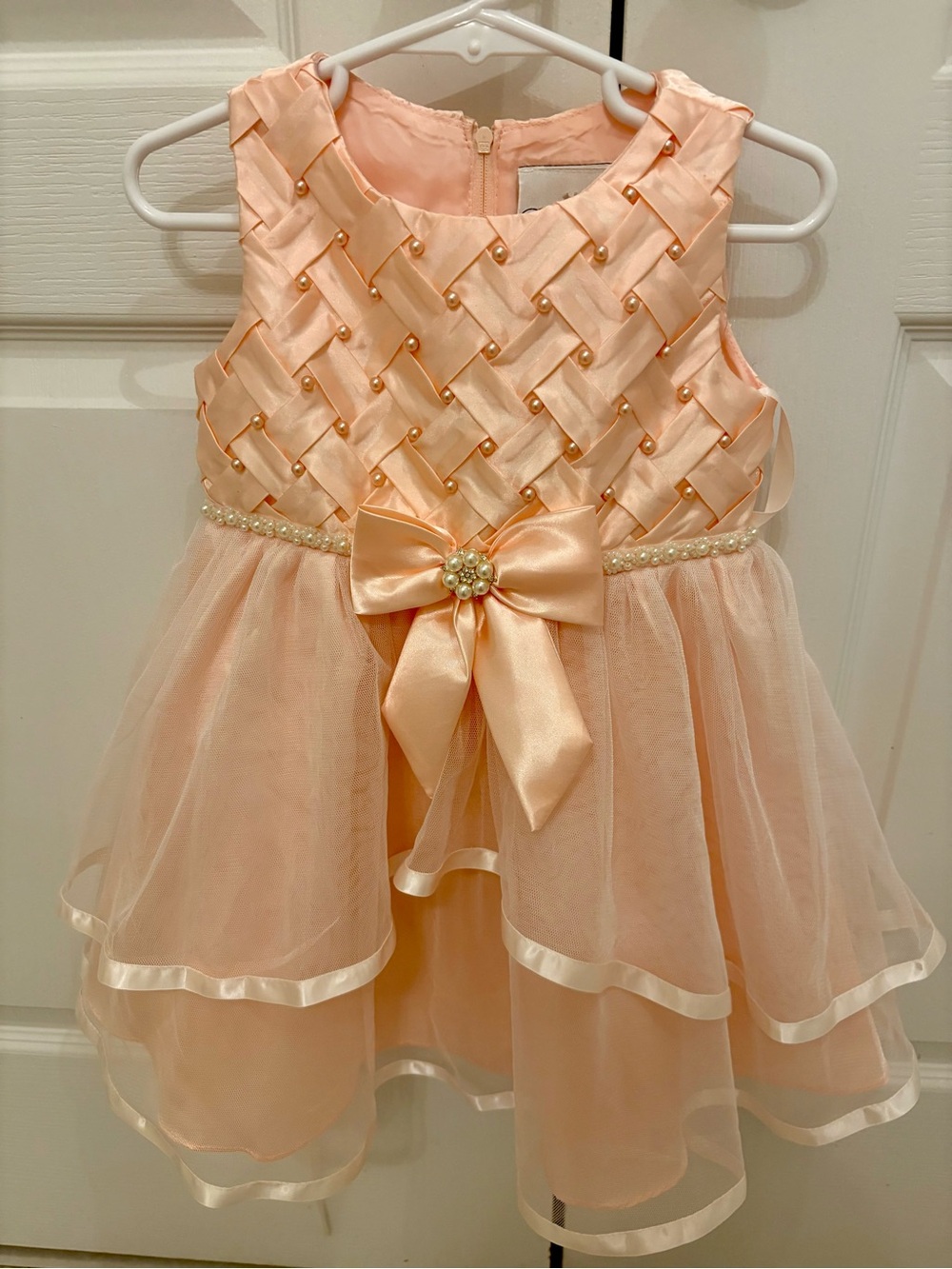 Rare Editions Peach Satin Pearl Bow Party Dress